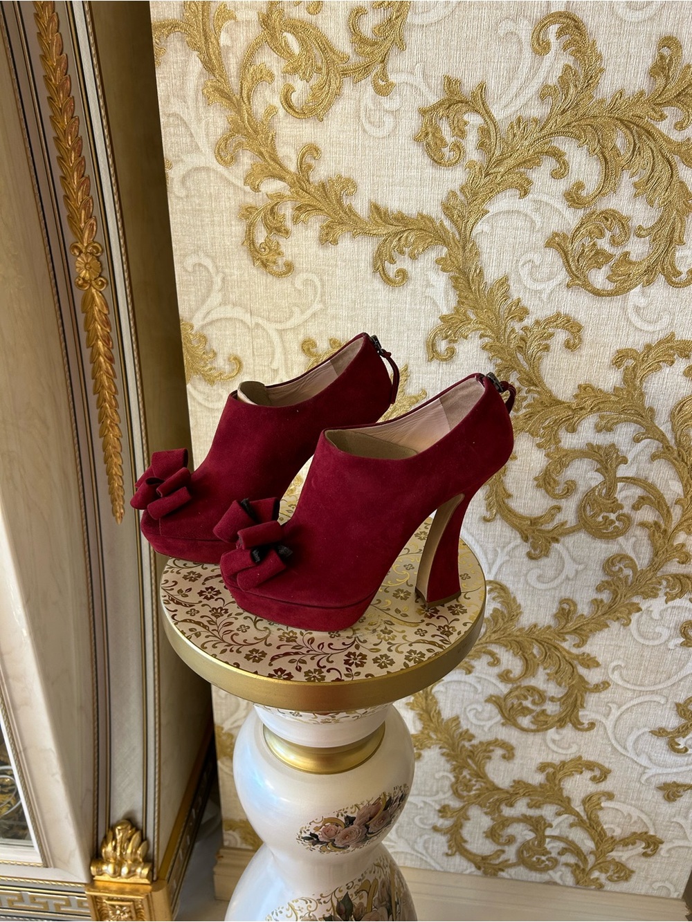 Miu Miu Burgundy Suede Peep-Toe Platform Heels with Bow - Picture 3 of 7
